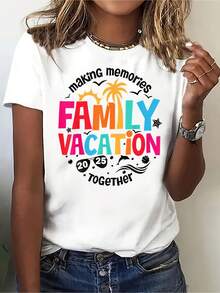 Camiseta Casual De Manga Corta Para Mujer - Estampado 'Creando Recuerdos Vacaciones Familiares 2025', Diseño Geométrico Colorido, Tejido Elástico Transpirable, Cuello Redondo Top De Verano Para Salidas A La Playa Y Vacaciones En Familia, Camisetas Amigables Para Viajar, Material No Transparente, Lavable A Máquina - Blanco - Ver 1