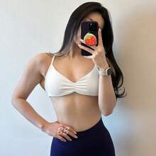 Popular Camisole Bra, Women's Backless Spaghetti Strap Sports Bra, Light Support, Cropped Workout Top, Seamless Pleated Yoga Bra Pad - White - View 7