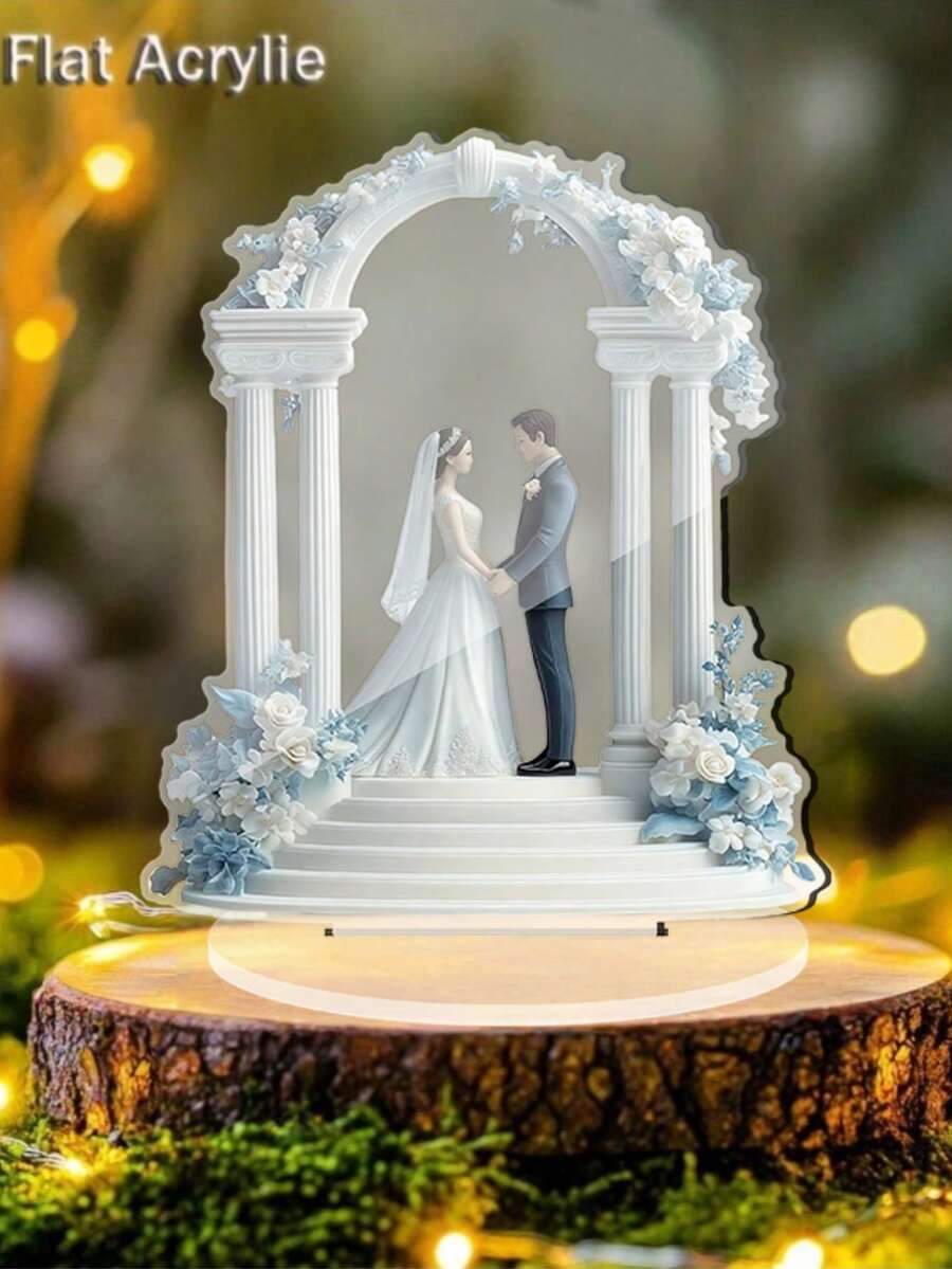 2D Crystal Wedding Statue - Bride And Groom Standing On Balcony With Floral Decor, Ideal For Home Decor, Wedding Gifts And Event Centerpieces, No Power Needed, Wedding Decoration