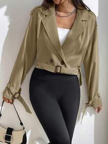 Chaqueta de mujer elegante y casual estilo motocicleta, abotonada de doble botonadura, con solapa grande, puños ajustables y manga larga