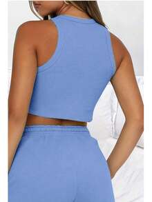 Women's Casual 3D Printed Ribbed Drawstring Set - Blue - View 2