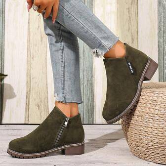 Women's Short Chunky Heel Soft Bottom Comfortable Side Zipper Fashion Boots, Versatile Short Ankle Boots, Classic Design