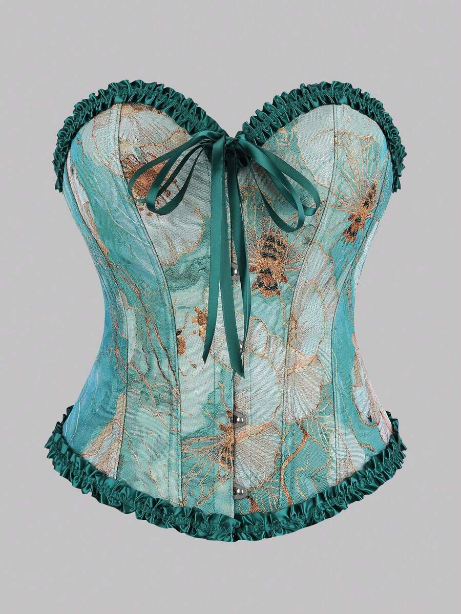 1pc Women's Unique Tight-Fitting Bralette, Green Bee Jacquard Underwire Bustier With Lace Trim, Back Tie Front Button Closure, Casual Summer Vacation Wear - Green - View 1