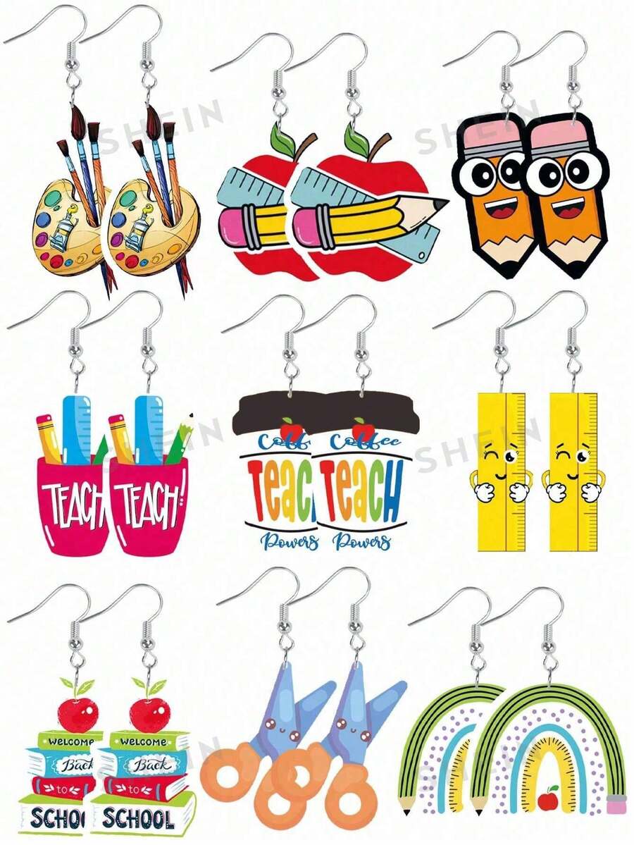 9 Pairs Graduation/Back To School Teacher's Day Earrings Set, Pencil, Book, Coffee Cup, Apple, Math Symbols, Love, Rainbow, Leopard Print, Gift For Teachers And Students - 9-piece Set - View 1