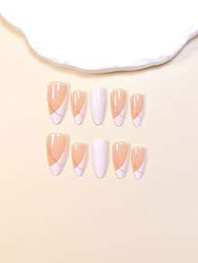 24 片亮面杏仁形指甲，白色法式边缘和金色条纹设计，优雅精致的假指甲贴片，带锉条，适合女士和女孩，果冻凝胶，随机发货，按压式指甲，美甲用品，指甲 - 彩色 - 查看 3