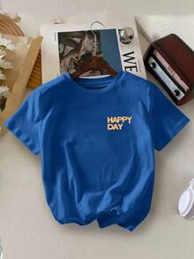 Young Boy Summer Short-Sleeved Happy Day Eating Hamburgers And Cakes Playing Skateboard Lettering Printed Round-Neck T-Shirt - Royal Blue - View 2
