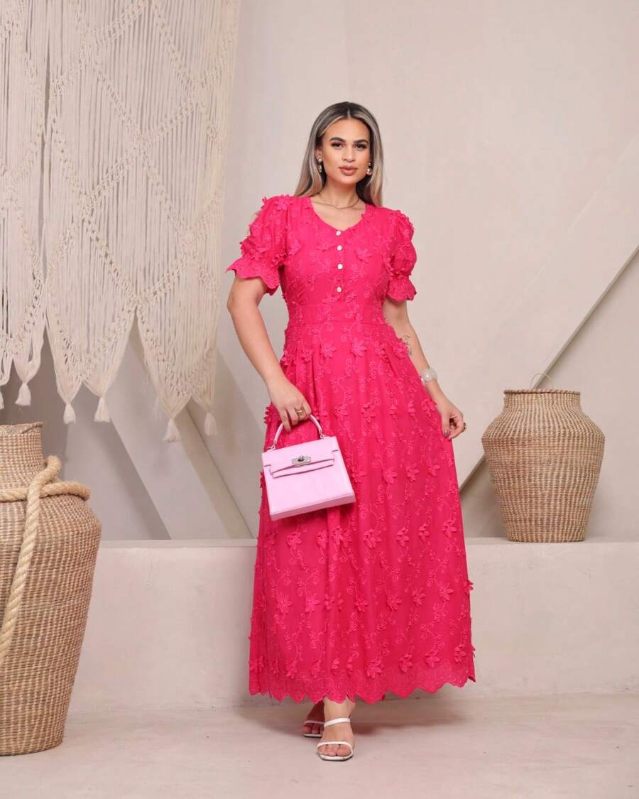 Elegant Women's Dress Simple Embroidery Button Women's All - 粉紅色3D - 查看 1