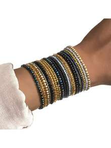 30 件多层玻璃珠弹性腕带 - 可调节，黑色，弹性波西米亚种子珠手链，适合女性日常佩戴和送礼 - 黑色 - 查看 1