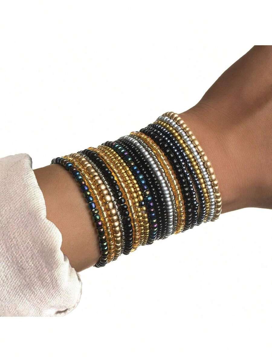 30 件多层玻璃珠弹性腕带 - 可调节，黑色，弹性波西米亚种子珠手链，适合女性日常佩戴和送礼 - 黑色 - 查看 1