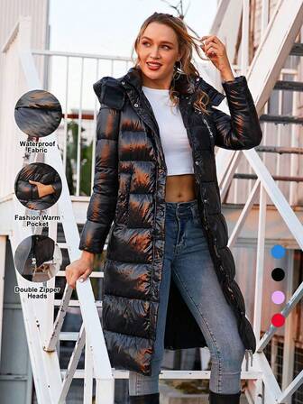 ZIAI Huva enfärgad Casual lång vadderad vadderad med fickor, vinter