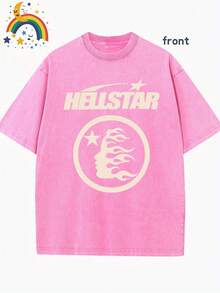 Star Pattern And "" Letter Print Men'S Summer Loose Fit Short Sleeved Washed Vintage 230g Pure Cotton Comfortable Breathable Casual Street Round Neck T-Shirt - 玫瑰紅 - 查看 1