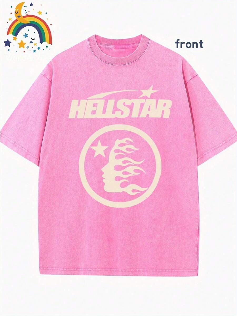 Star Pattern And "" Letter Print Men'S Summer Loose Fit Short Sleeved Washed Vintage 230g Pure Cotton Comfortable Breathable Casual Street Round Neck T-Shirt - 玫瑰紅 - 查看 1