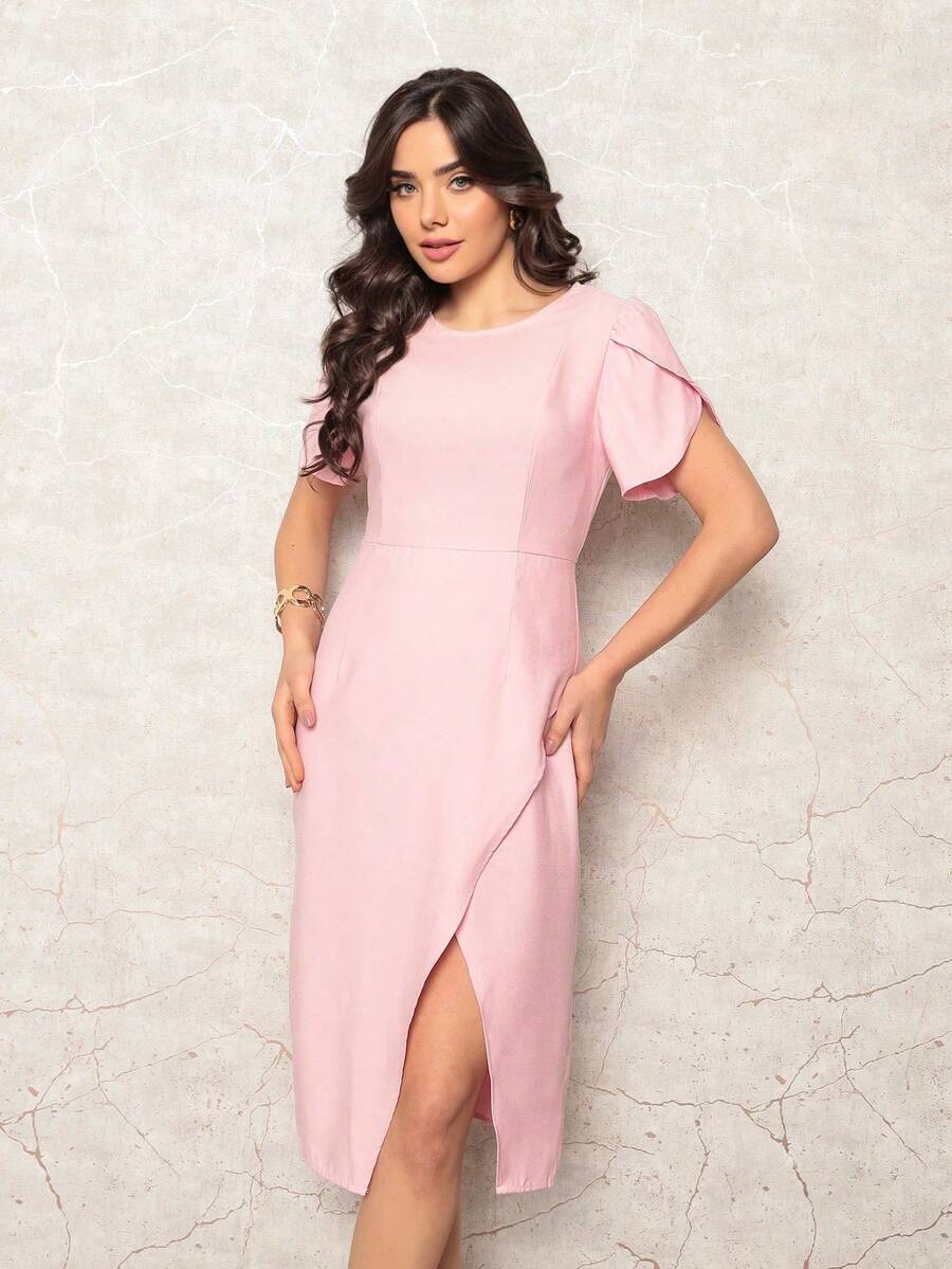 Women's Midi Dress Side Slit With Petal Sleeves Simple Daily - Light Pink - View 1