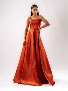Women's Long Strapless Zibeline Dress Simple Elegant Party Satin Zipper Pocket Side Slit Godmother Civil Wedding Debutante Graduate Party Birthday Party Anniversary Party Graduation Party Formal And Evening Photoshoot Wedding Guest Prom - 紅陶 - 查看 5