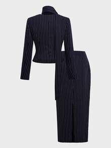 优雅简约假日派对通勤日常商务套装女装，秋季长袖收腰修身西装外套和铅笔裙套装 - 藏蓝色 - 查看 9