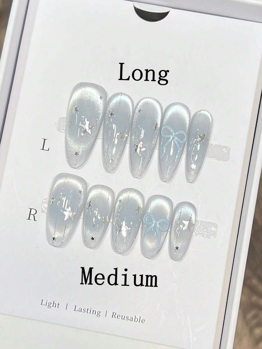 10 piezas de uñas usables hechas a mano puras con forma de uña ovalada mediana, uñas con diseño de lazo de ojo de gato de color degradado rosa pintado a mano, uñas simples de alta calidad, uñas postizas