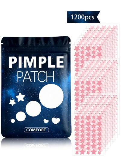 1200片星形脸贴（7色） - 无香料、无防腐剂、男女通用、适合所有肤质、无香料、无添加剂、女士礼物，可选规格：960/480/400/240/200/160/120/80/40片