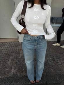 Damski sweter w nowym stylu, biały, z okrągłym dekoltem, długim rękawem, żakardowy, dopasowany, lekki, prosty, sportowy, swobodny, uniwersalny, sportowy, dzianinowy top, na jesień i zimę