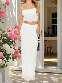 Womens Two Piece Summer Outfits Sleeveless Ruffle Hem Cami Tops And Long Skirt Set Beachwear - 白色 - 查看 5