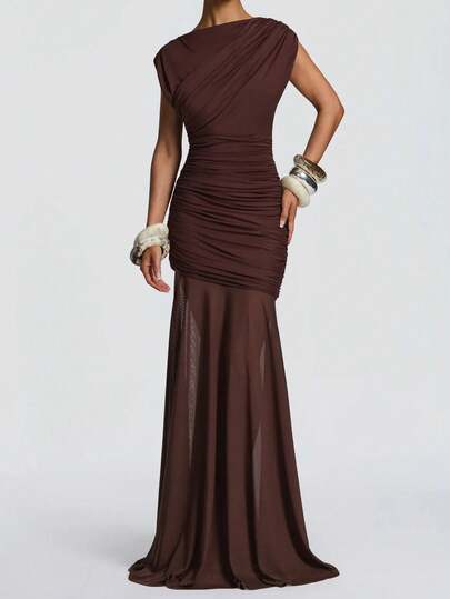 Vestido de fiesta, club y boda de mujer con cuello redondo, parches de malla, sin mangas, sexy y elegante para Navidad