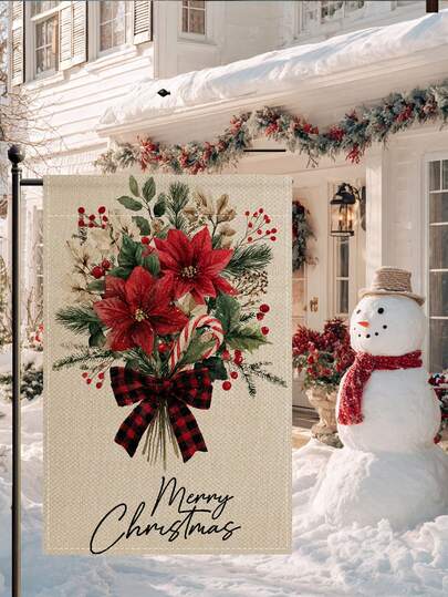 1pc Christmas Floral Merry Christmas Pattern Garden Flag, Double-Sided Printed Linen-Like Material, 30*45CM/12*18inch Garden Flag For Holiday Home Decor, Party Decor, Lawn, Porch, Yard And Garden Decor, Cafe, Farmhouse Decor (Flagpole Not Included)