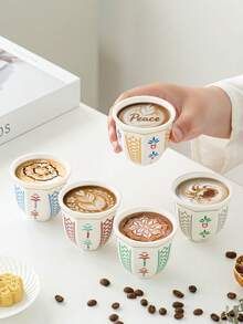 1pc Middle Eastern Style 100ml Ceramic Cup, Hand-Painted Coffee Mug With Elegant Blue, Red And Green Patterns, Complemented By "Peace" Latte Art, Displayed On White Surface With Coffee Beans And Pastries, Refreshing Visual Experience, Saudi National Day Gift - Multicolor - View 2
