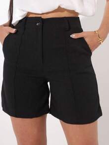 Women's Bermuda Shorts, Tailored, Linen, Rustic, With BT Loop And Knife Pocket - màu đen - Xem 1