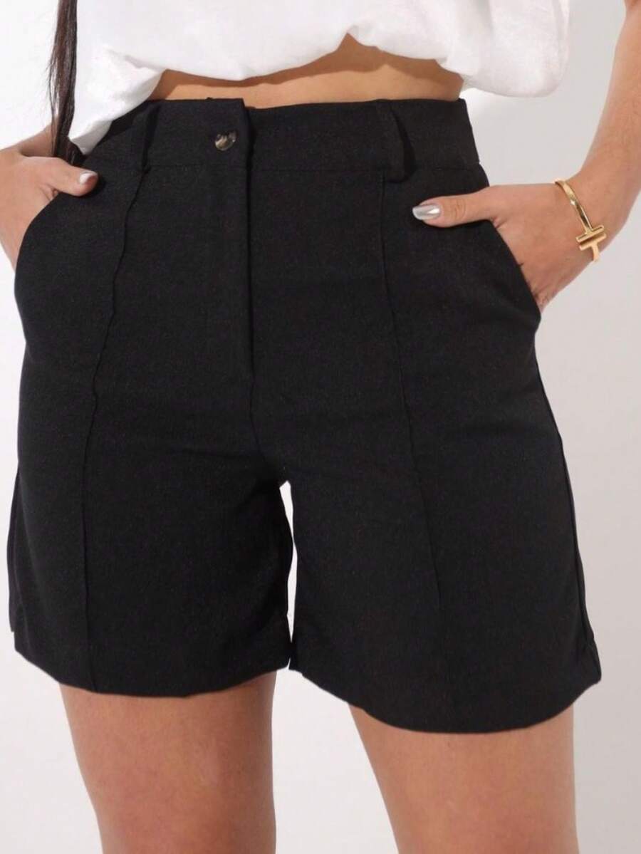 Women's Bermuda Shorts, Tailored, Linen, Rustic, With BT Loop And Knife Pocket - màu đen - Xem 1