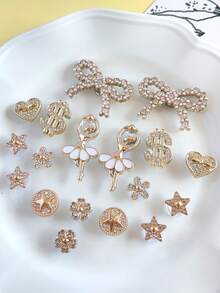 Fashionable Girl Style Clogs Shoes Charms Set - Bow, Dollar Sign, Star & Flower Decor, Shiny Clogs Shoes Accessories - Gold Bow Suit - View 2