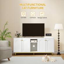 HaluPeit Cat Cabinet For 2 Cats, Litter Box Cabinet, Hidden Cat House With Double Rooms, With Storage Space, Plush Balls, Can Be Used As A TV Cabinet, 140 X 48 X 62 Cm, White And Gold - 白色 - 查看 2