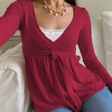 Women Wrap V-Neck Peplum Tops Casual Long Sleeve Tee Shirts Cute Front Twist Tie Knot Shirts Fall Blouses - Màu Đỏ Sâu - Xem 2