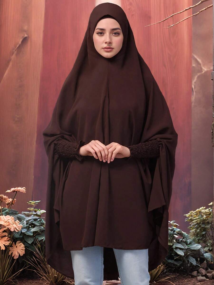 1pc Women's Solid Color Quick-Wear Headscarf, Prayer Khimar, Direct Wear, Knee-Length, With Ruched Cuffs - Puff Sleeve Khimar - View 1