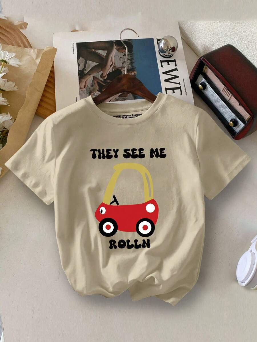 少年男孩汽車印花圓領T恤