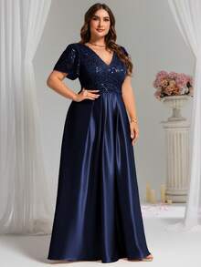 Elisanya 女士秋季闪光亮片V领短袖晚礼服海军蓝正式连衣裙派对晚宴婚礼宾客礼服 - 查看 4