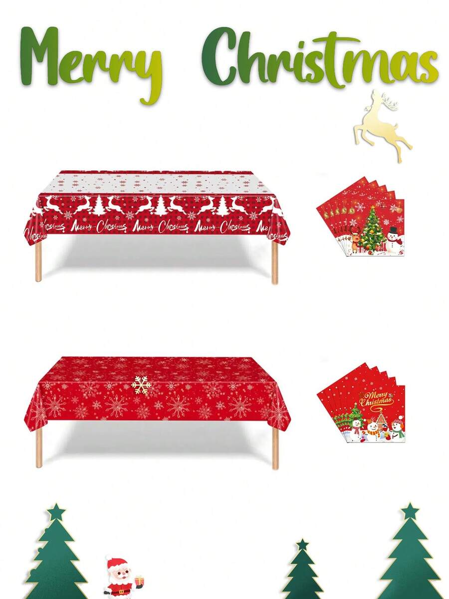 2 pièces Set de Nappe et Serviettes de Noël, avec des éléments de Noël tels que des sapins de Noël, bonhommes de neige, cerfs, cloches, etc. Convient pour les rassemblements de Noël, la décoration de la maison pour Noël et les décorations de fête de Noël.