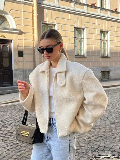 Women's Solid Color Ribbed Zip-Up Jacket, Collegiate Style, Autumn/Winter