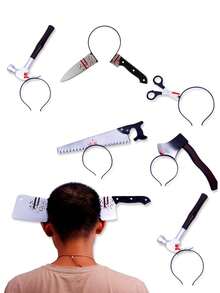 1/4件万圣节头箍见刺刀菜刀剪刀斧头锤仿真穿头吓人菜刀扣恐怖角色扮演道具头箍，万圣节恶作剧拍照道具