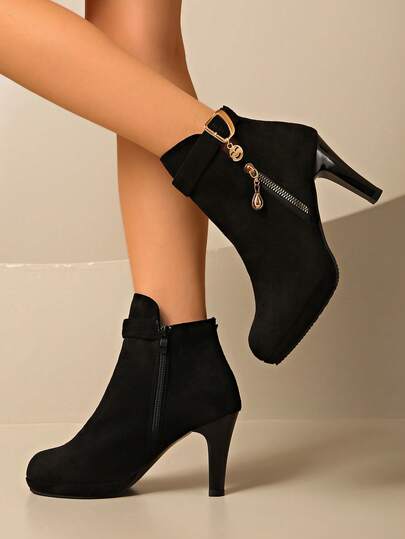 Nowe, europejskie i amerykańskie, jesienno-zimowe botki na cienkim obcasie, botki na wysokim obcasie z zamkiem z boku, modne botki, krótkie botki damskie, europejskie i amerykańskie, wąskie botki na wysokim obcasie, popularne zimowe, nowe, seksowne botki z okrągłym noskiem, minimalistyczne botki damskie na wysokim obcasie