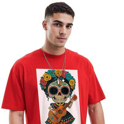 Playeras Hombre Estampado Calavera con Flores y Guitarra Tradicional Mexicana Día de Muertos Camiseta de manga corta con cuello redondo y estampado gr