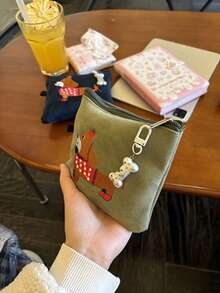 1 件可爱绒面腊肠犬形状小袋 - 耳机、口红、卫生巾、化妆包、便携式随身行李袋（不含骨头饰物）