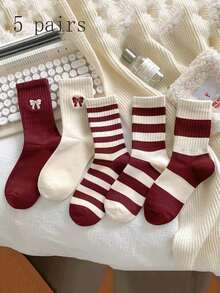 5 Pairs Assorted Angola Red Socks, Breathable Moisture-Wicking Crew Socks For Men & Women