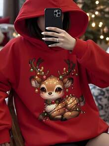 Damen Rot Kapuzen Langarm Top mit Weihnachtselementen und buntem Rentier Muster, geeignet für Herbst/Winter und Neujahrsbekleidung. Damen Große Größen bequemer Kapuzenpullover, Winterbekleidung, Herbstkleidung, Pullover für kurvige Figuren. - Rot - Übersicht 1