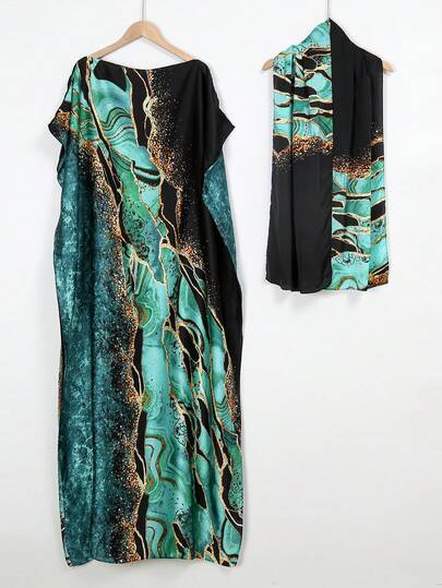 1pc Lightweight Faux Silk Printed Robe With Scarf Set, Women Coverup For Beach, Sun Protection, Daily Wear