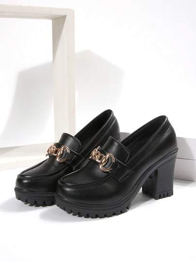 女士链条搭扣乐福鞋，黑色厚底高跟鞋