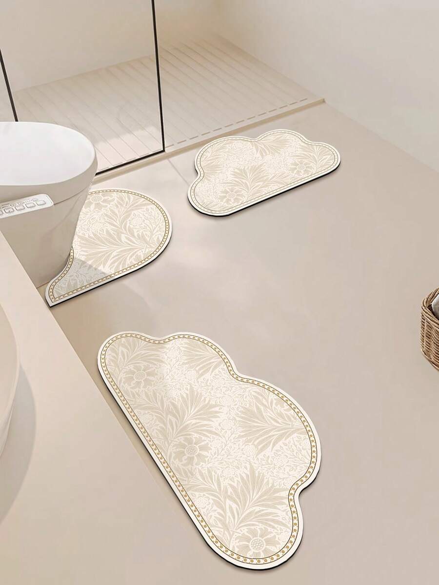 1/3件套浴室防滑吸水垫，花卉图案硅藻土垫，浴室套装，U型马桶垫和洗手池脚垫，2.5毫米厚，浴室厨房装饰，圣诞装饰，厨房地毯