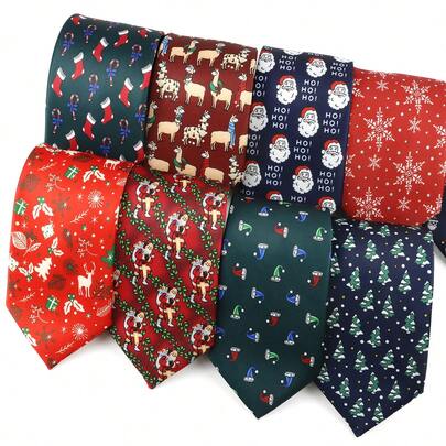 ZONFAZ 1pc Men's Christmas Element Satin Necktie, Snowflake, Santa Claus, Stocking, Gift Pattern, Soft & Skin-Friendly 2.75" Tie, Best Choice For Christmas Gift And Outfit
