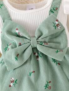 2pcs Baby Girl Ditsy Floral Jumpsuit With Bowknot Decor And Headband, Spring/Autumn - Green - View 6