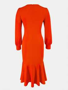 GLOURI Women's Orange Bodycon Midi Dress - Keyhole Neck & Long Sleeves With Flared Hem | Vintage Elegant Figure-Hugging Party Dress For Weddings Guest & Date Nights & Halloween - trái cam - Xem 3