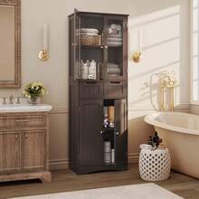 67" Tall Kitchen Pantry Cabinet, Freestanding Storage Cabinet With Glass Door & 2 Shelves & 2 Drawers, New Year Gift Linen Storage Cabinet For Home, Bathroom, Living Room, Office - Dark Brown - View 9