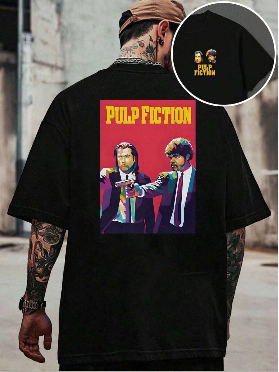 Pulp Fiction Graphic T-Shirt, Men's Double-Sided Print T-Shirt, Fashion Casual Crew Neck, 220gsm Cotton (1 Piece) - Preto - Ver 1